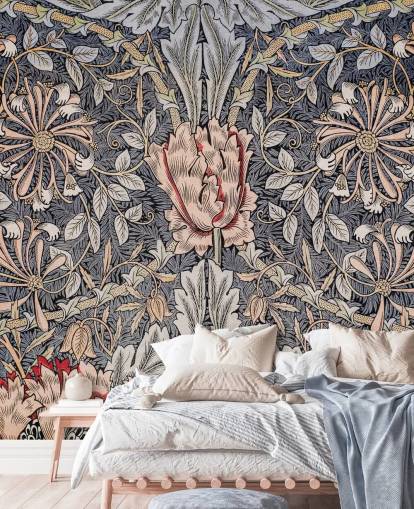 papel de parede floral vintage azul, rosa e vermelho