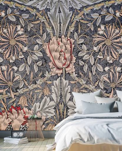 blå, rosa og rød vintage floral tapet