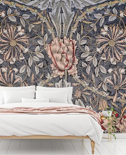blauw, roze en rood vintage bloemenbehang