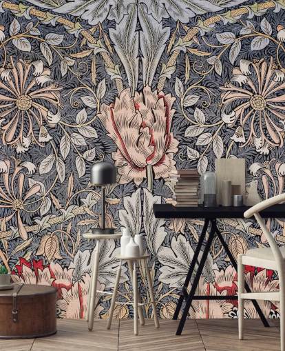 blue, pink and red vintage floral wallpaper