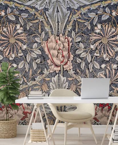 blå, rosa og rød vintage floral tapet