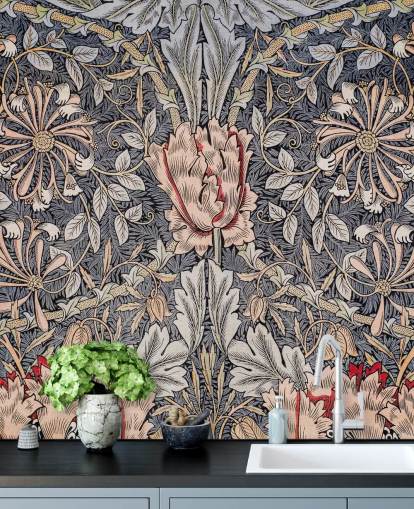 blauw, roze en rood vintage bloemenbehang blauw, roze en rood vintage bloemenbehang