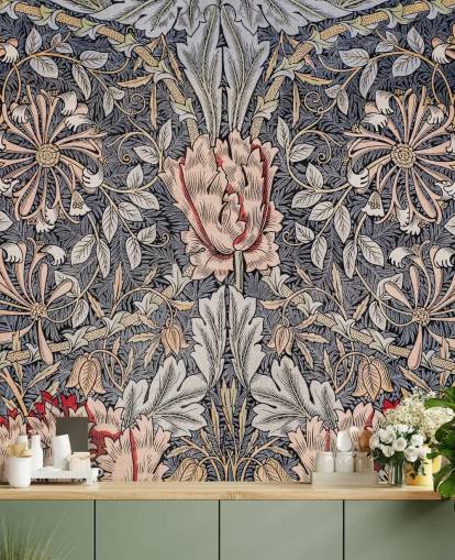 blauw, roze en rood vintage bloemenbehang