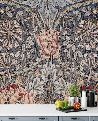 papel pintado floral vintage azul, rosa y rojo