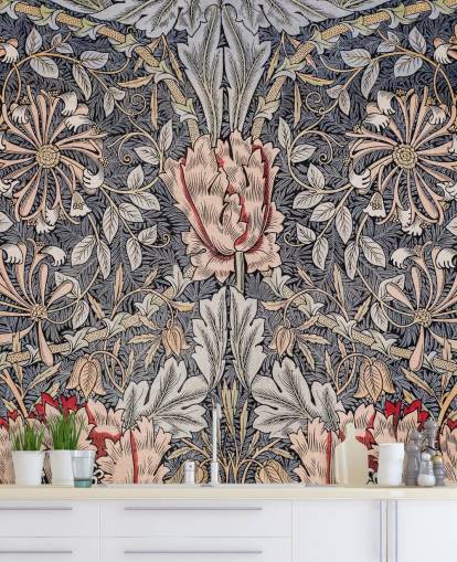 blå, rosa og rød vintage floral tapet