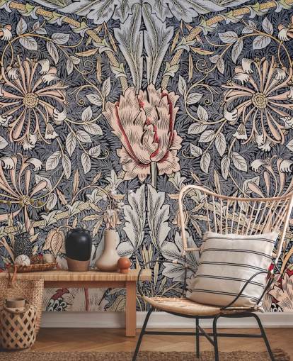 blue, pink and red vintage floral wallpaper