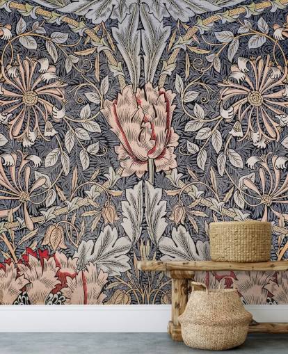 blå, rosa og rød vintage floral tapet