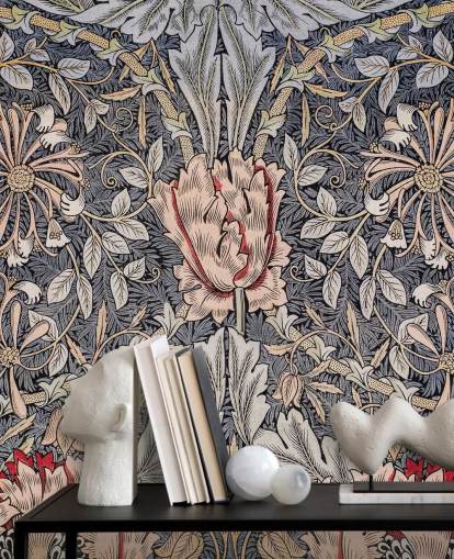 papel pintado floral vintage azul, rosa y rojo