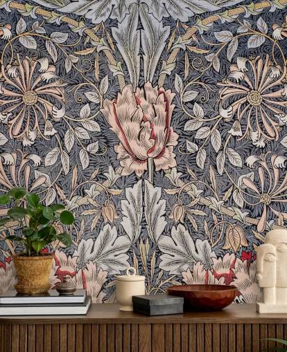 papel de parede floral vintage azul, rosa e vermelho