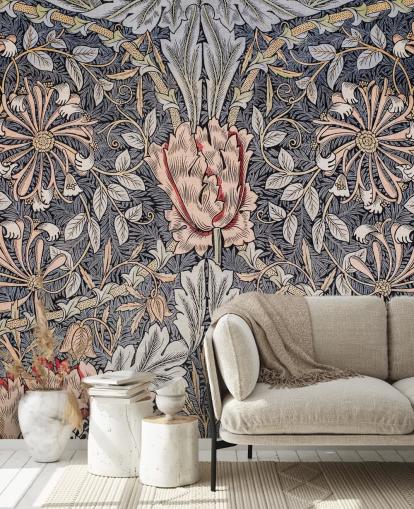 blå, rosa og rød vintage floral tapet