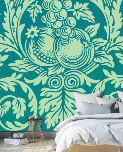 papel de parede padrão vintage verde-azulado e menta