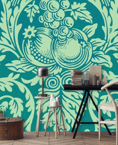 papel de parede padrão vintage verde-azulado e menta