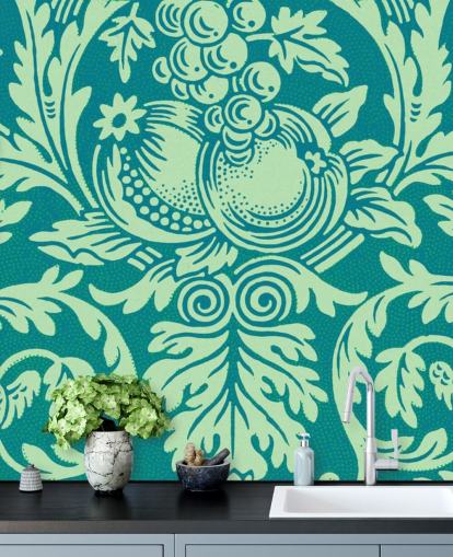 papel de parede padrão vintage verde-azulado e menta