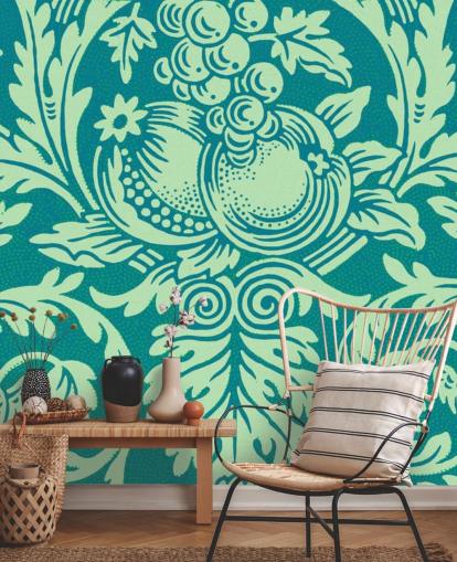 groenblauw en mintgroen vintage patroonbehang