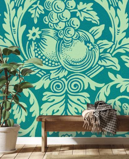 papel pintado con estampado vintage verde azulado y verde menta