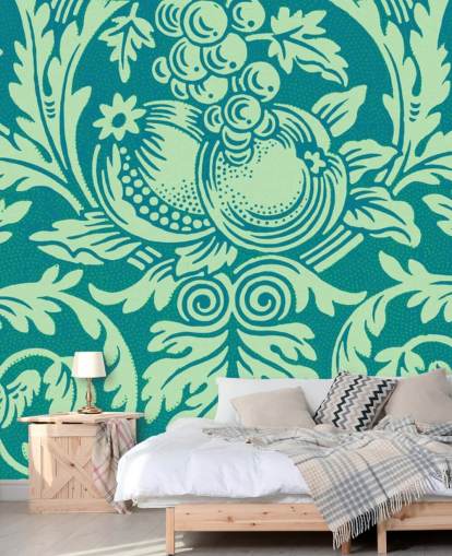 groenblauw en mintgroen vintage patroonbehang