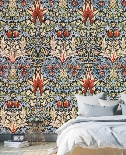 blue, green, red dark floral wallpaper