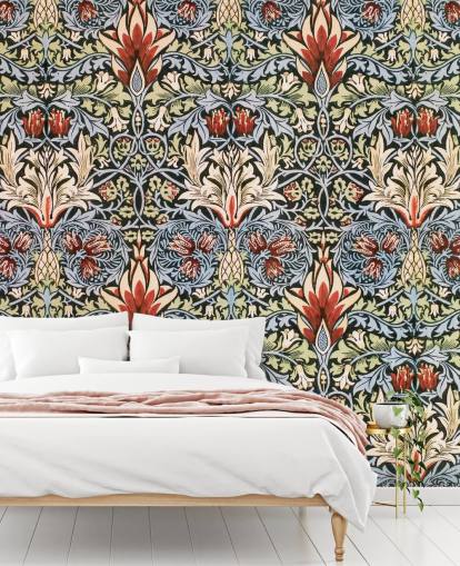 blue, green, red dark floral wallpaper