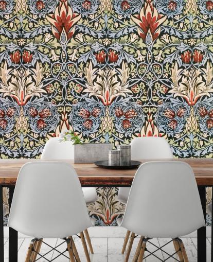 blauw, groen, rood donker bloemenbehang blauw, groen, rood donker bloemenbehang