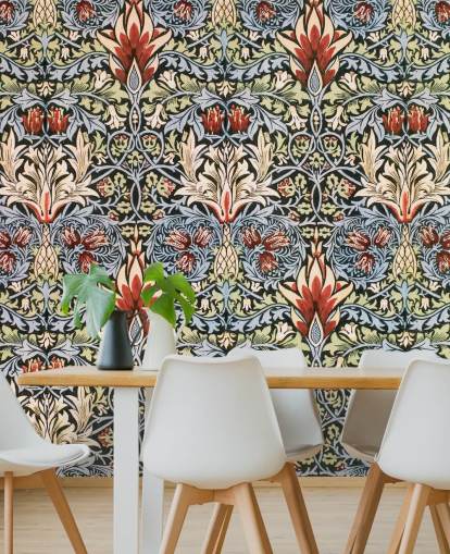 blauw, groen, rood donker bloemenbehang