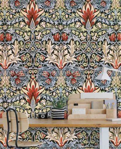 blauw, groen, rood donker bloemenbehang