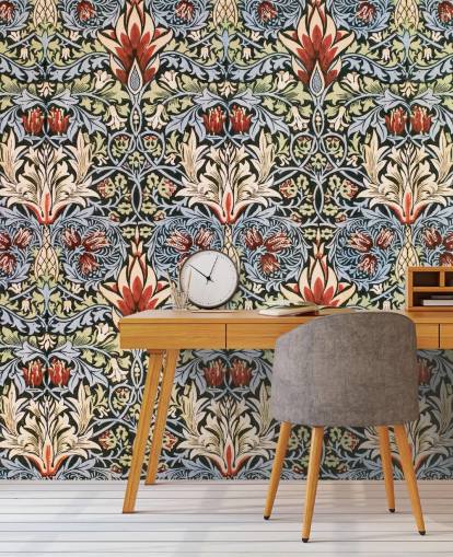 blue, green, red dark floral wallpaper