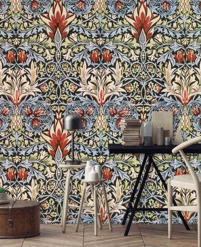 blue, green, red dark floral wallpaper