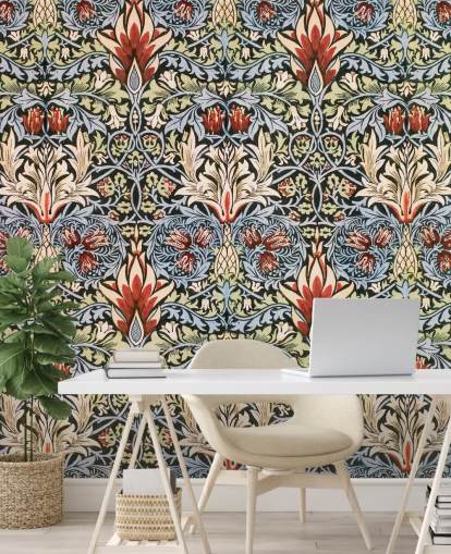 blauw, groen, rood donker bloemenbehang blauw, groen, rood donker bloemenbehang