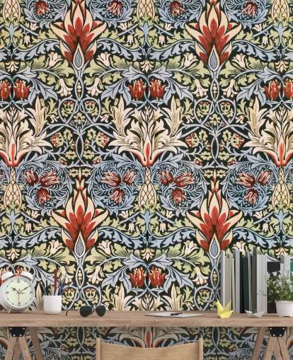 papel pintado floral oscuro azul, verde, rojo