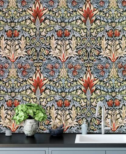 blue, green, red dark floral wallpaper