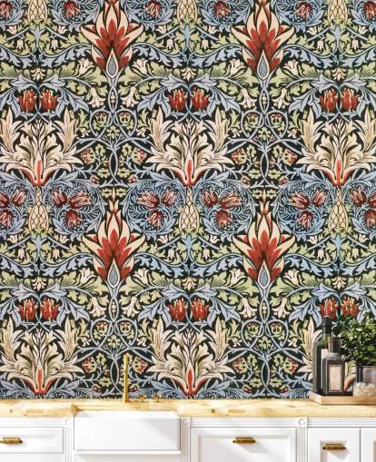 carta da parati floreale blu, verde, rosso scuro