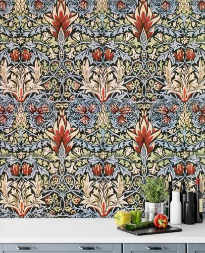 papel de parede floral escuro azul, verde, vermelho