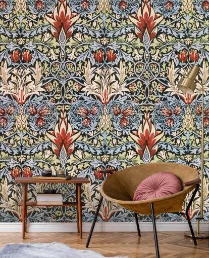 blue, green, red dark floral wallpaper