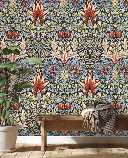 blue, green, red dark floral wallpaper