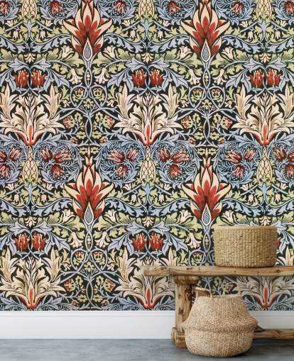 blue, green, red dark floral wallpaper