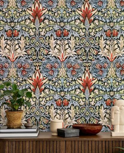 blue, green, red dark floral wallpaper