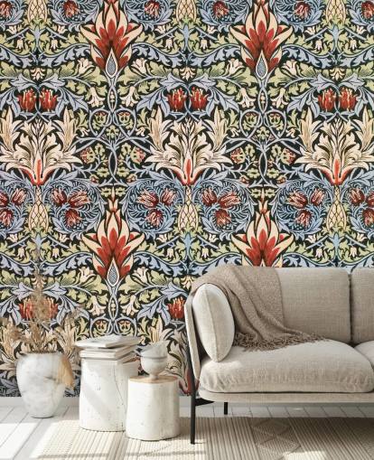 blue, green, red dark floral wallpaper