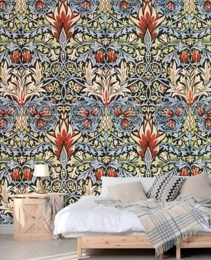 papel de parede floral escuro azul, verde, vermelho