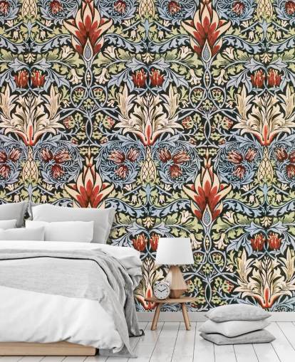 blue, green, red dark floral wallpaper