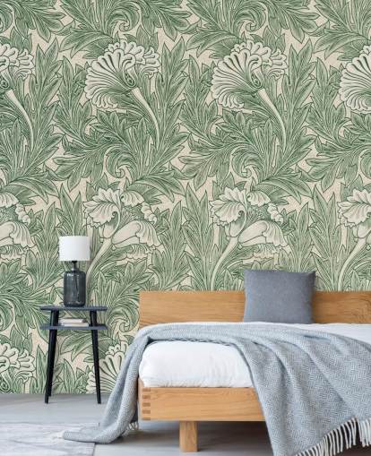 papier peint à fleurs victoriennes blanc et vert