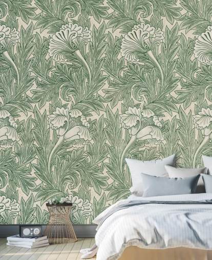 papel pintado floral victoriano blanco y verde