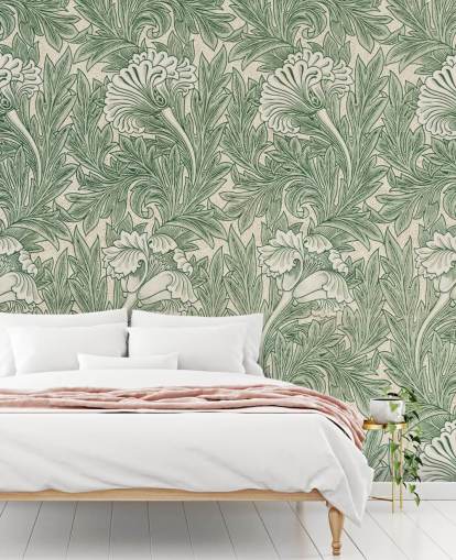 papier peint à fleurs victoriennes blanc et vert