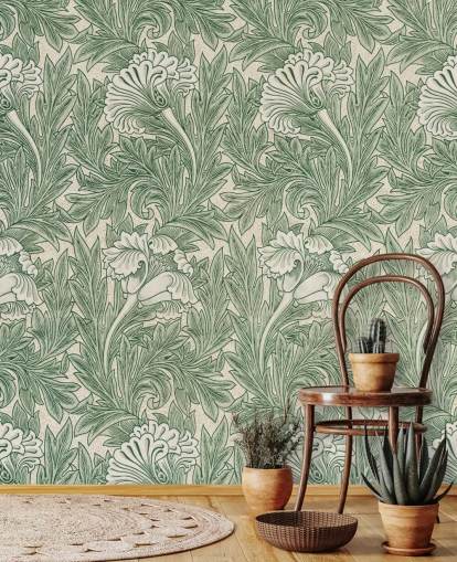 papier peint à fleurs victoriennes blanc et vert