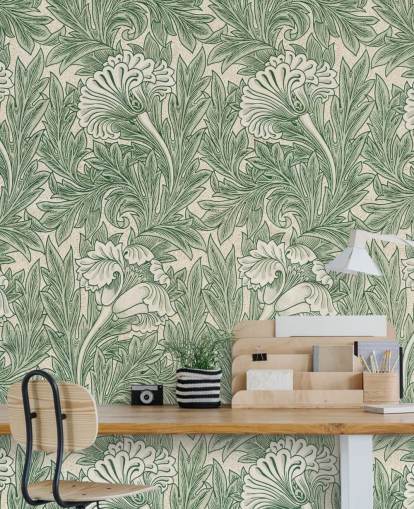 white and green victorian floral wallpaper