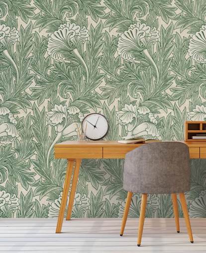 papel pintado floral victoriano blanco y verde