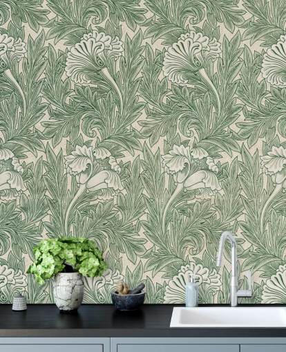 papel de parede floral vitoriano branco e verde