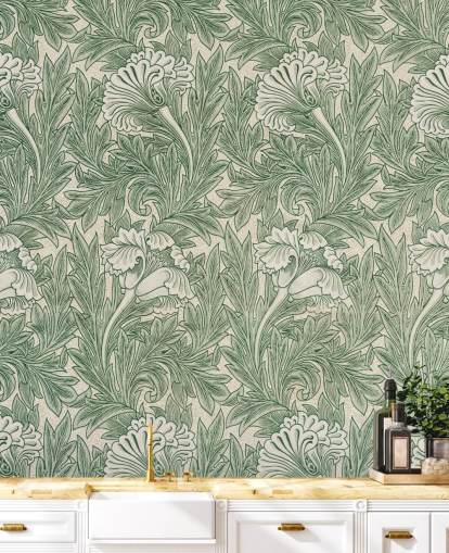 white and green victorian floral wallpaper