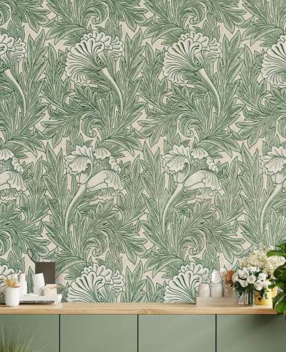 white and green victorian floral wallpaper