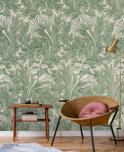 papier peint à fleurs victoriennes blanc et vert