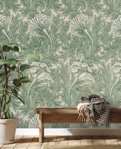 papel de parede floral vitoriano branco e verde